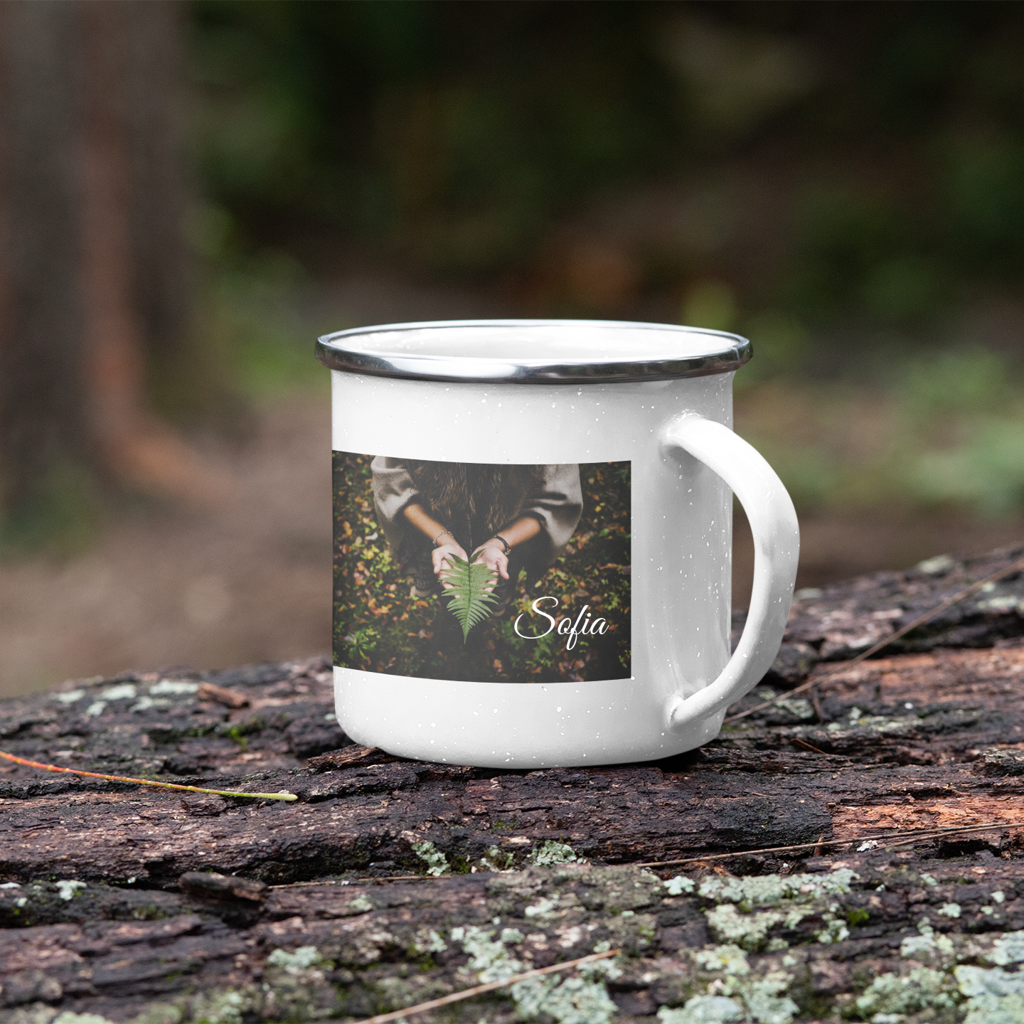 emalimuki omalla kuvalla asetettu puun päälle metsäpolulla