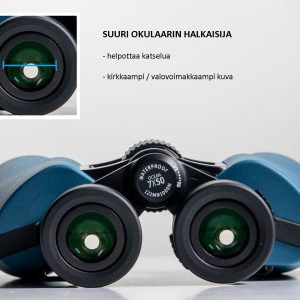 DÖRR OCEAN 7x50 vedenkestävä kiikari HÄMÄRTYVIIN iltoihin, sumuun - VALOVOIMAA! 5-v takuu DÖRR Ocean -kiikari on ihanteellinen, jos vietät paljon aikaa ulkona etkä ole huolissasi huonoista sääolosuhteista. Ocean-sarjan kiikari on täydellinen kumppani vedellä liikkuessa, luonnossa ja myös TALVELLA lumiolosuhteissa. OLIPA SADE, SUMU, KASTE TAI LUMI - näiden vedenpitävien kiikareiden avulla voit suorittaa havainnot epäröimättä milloin tahansa. Ocean -kiikareissa on laaja kuva-alue, kirkas kuva ja kuvan saa tarkennettua myös lähelle. Parhaimmillaan kiikari on katsellessa etäälle jolloin tarkennustarve on hyvin vähäistä. Tämä on Porro-prisma kiikareiden etu. TYPPIKAASU TÄYTTEINEN Kiikarin sisällä oleva typpikaasun täyttö varmistaa luotettavasti, että optiikka pysyy huurtumattomana myös kosteassa ja kylmässä säässä. Samaan aikaan Ocean-kiikareiden kaasutäyttö mahdollistaa väliaikaisen upottamisen noin 30 MINUUTIN ajaksi 1 METRIN syvyyteen PORRO-PRISMAT - BAK-4 Laadukkaasta BaK-4-lasista tehdyt sisäänrakennetut Porro-prismat tarjoavat kolmiulotteisia, kirkkaita ja aitoja värejä, joilla on korkea optinen laatu. Porron prismojen muotoilu ja erityinen järjestely mahdollistavat silmäystävällisen ja väsymättömän havainnoinnin. Ocean-kiikarien monikerroksiset linssit (MC Multi Coating) vähentävät ei-toivottuja heijastuksia ja lisäävät valonläpäisyä. KELLUVA HIHNA Jos haluat käyttää Ocean-kiikareita veneessä, suosittelemme vaihtamaan tavallisen kaulahihnan mukana toimitettuun kelluvaan hihnaan. Kelluvan hihnan erityisen paksu pehmuste estää kiikarin menemästä pinnan alle, jos se putoaa vahingossa veteen. Hihnan signaalin keltainen väri on helposti tunnistettavissa veden pinnalta ja auttaa sinua löytämään ja kiikarit nopeasti. JÄMÄKKÄ kumipinta suojaa kiikaria ja takaa tukevan ja luistamattoman otteen. Kestävä ja kevyt alumiinirunko. Petroli väritys täydentää kiikarin modernia ilmettä. DÖRR OCEAN 7x50 vedenkestävä kiikari soveltuu erinomaisesti käytettäväksi laivoilla, veneilyssä, purjeveneessä, sekä kalastusretkillä. 7-kertainen suurennus pysyy vakaana myös aluksen liikkuessa. Suuren näkökentän ansiota, 122 metriä 1000 metrillä, tarkennus on melkein tarpeetonta. Suurikokoinen tarkennuspyörä takaa pehmeä ja tasaisen tarkennuksen. DIOPTERIKORJAUS & KIERRETTÄVÄT SILMÄSUPPILOIDEN ansiota kiikari on helppo ja nopea käyttää ja soveltuu erinomaisesti myös silmälasia käyttäville. JALUSTAKIINNITYS Pidempiaikaisia havaintoja varten, voit asettaa OCEAN-kiikarin jalustalle. Tähän tarvitset vain DÖRR TA-2 ja TA-4 jalusta- kiikaripitimen. TEKNISTÄ TIETOA: Käyttö- lämpötila-alue: -10°C to +55°C Koko n. 19,5 x 18 x 6 cm, 960g Huurtumaton, typpitäytteinen Diopterisäätö -3/+3, kierrettävä okulaari Takuu 5-vuotta Vesitiivis n. 30min / 1m syvyydessä Suurennos: 7x Etulinssin halkaisija: 50mm Valovoima: 51 Hämäräluku: 18,7 Prisma: porroprisma BaK 4 Linssien pinnoitus: MC- monikalvopinnoitus Lähtöpupilli: 7,1 mm Silmien katseluetäisyys (Eye Relief) n. 24mm Silmien väli n. 56-72mm Näkökenttä: 7 °, 122m/1000m Lähin tarkennusetäisyys n.: 5m Jalustakierre: on Mukana: kiikari, okulaarisuoja, etulinssisuojat, puhdistusliina, kantohihna, kelluva kantohihna, kantolaukku Valmistajan myöntämä takuu 5-vuotta