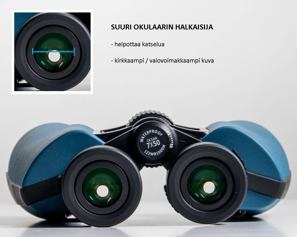 DÖRR OCEAN 7x50 vedenkestävä kiikari HÄMÄRTYVIIN iltoihin, sumuun - VALOVOIMAA! 5-v takuu DÖRR Ocean -kiikari on ihanteellinen, jos vietät paljon aikaa ulkona etkä ole huolissasi huonoista sääolosuhteista. Ocean-sarjan kiikari on täydellinen kumppani vedellä liikkuessa, luonnossa ja myös TALVELLA lumiolosuhteissa. OLIPA SADE, SUMU, KASTE TAI LUMI - näiden vedenpitävien kiikareiden avulla voit suorittaa havainnot epäröimättä milloin tahansa. Ocean -kiikareissa on laaja kuva-alue, kirkas kuva ja kuvan saa tarkennettua myös lähelle. Parhaimmillaan kiikari on katsellessa etäälle jolloin tarkennustarve on hyvin vähäistä. Tämä on Porro-prisma kiikareiden etu. TYPPIKAASU TÄYTTEINEN Kiikarin sisällä oleva typpikaasun täyttö varmistaa luotettavasti, että optiikka pysyy huurtumattomana myös kosteassa ja kylmässä säässä. Samaan aikaan Ocean-kiikareiden kaasutäyttö mahdollistaa väliaikaisen upottamisen noin 30 MINUUTIN ajaksi 1 METRIN syvyyteen PORRO-PRISMAT - BAK-4 Laadukkaasta BaK-4-lasista tehdyt sisäänrakennetut Porro-prismat tarjoavat kolmiulotteisia, kirkkaita ja aitoja värejä, joilla on korkea optinen laatu. Porron prismojen muotoilu ja erityinen järjestely mahdollistavat silmäystävällisen ja väsymättömän havainnoinnin. Ocean-kiikarien monikerroksiset linssit (MC Multi Coating) vähentävät ei-toivottuja heijastuksia ja lisäävät valonläpäisyä. KELLUVA HIHNA Jos haluat käyttää Ocean-kiikareita veneessä, suosittelemme vaihtamaan tavallisen kaulahihnan mukana toimitettuun kelluvaan hihnaan. Kelluvan hihnan erityisen paksu pehmuste estää kiikarin menemästä pinnan alle, jos se putoaa vahingossa veteen. Hihnan signaalin keltainen väri on helposti tunnistettavissa veden pinnalta ja auttaa sinua löytämään ja kiikarit nopeasti. JÄMÄKKÄ kumipinta suojaa kiikaria ja takaa tukevan ja luistamattoman otteen. Kestävä ja kevyt alumiinirunko. Petroli väritys täydentää kiikarin modernia ilmettä. DÖRR OCEAN 7x50 vedenkestävä kiikari soveltuu erinomaisesti käytettäväksi laivoilla, veneilyssä, purjeveneessä, sekä kalastusretkillä. 7-kertainen suurennus pysyy vakaana myös aluksen liikkuessa. Suuren näkökentän ansiota, 122 metriä 1000 metrillä, tarkennus on melkein tarpeetonta. Suurikokoinen tarkennuspyörä takaa pehmeä ja tasaisen tarkennuksen. DIOPTERIKORJAUS & KIERRETTÄVÄT SILMÄSUPPILOIDEN ansiota kiikari on helppo ja nopea käyttää ja soveltuu erinomaisesti myös silmälasia käyttäville. JALUSTAKIINNITYS Pidempiaikaisia havaintoja varten, voit asettaa OCEAN-kiikarin jalustalle. Tähän tarvitset vain DÖRR TA-2 ja TA-4 jalusta- kiikaripitimen. TEKNISTÄ TIETOA: Käyttö- lämpötila-alue: -10°C to +55°C Koko n. 19,5 x 18 x 6 cm, 960g Huurtumaton, typpitäytteinen Diopterisäätö -3/+3, kierrettävä okulaari Takuu 5-vuotta Vesitiivis n. 30min / 1m syvyydessä Suurennos: 7x Etulinssin halkaisija: 50mm Valovoima: 51 Hämäräluku: 18,7 Prisma: porroprisma BaK 4 Linssien pinnoitus: MC- monikalvopinnoitus Lähtöpupilli: 7,1 mm Silmien katseluetäisyys (Eye Relief) n. 24mm Silmien väli n. 56-72mm Näkökenttä: 7 °, 122m/1000m Lähin tarkennusetäisyys n.: 5m Jalustakierre: on Mukana: kiikari, okulaarisuoja, etulinssisuojat, puhdistusliina, kantohihna, kelluva kantohihna, kantolaukku Valmistajan myöntämä takuu 5-vuotta