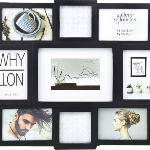 Monikuvakehys yhdeksälle kuvalle. Valmistettu muovista ja lasista. Kehykseen mahtuu seitsemän 10 x 15 cm kuvaa ja kaksi 10 x 10 cm kuvaa