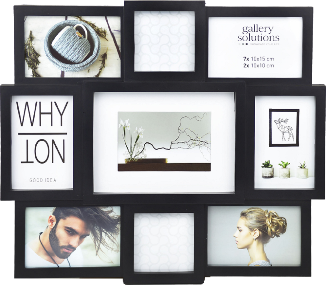 Monikuvakehys yhdeksälle kuvalle. Valmistettu muovista ja lasista. Kehykseen mahtuu seitsemän 10 x 15 cm kuvaa ja kaksi 10 x 10 cm kuvaa