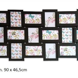 Monikuvakehys kahdeksalletoista (18) 10 x 15 kuvalle. - Muovikehys, ei liian raskas ripustettavaksi - Musta Ulkomitta n. 90 x 46,5 cm Noin 2cm syvä