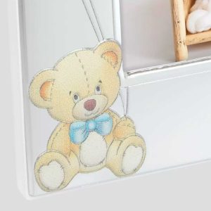 IRIS – hopeoitu italialainen vauvakehys, jossa nalle- ja ilmapallokoristeet ja 10x15 cm vauvakehys