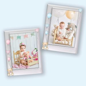 IRIS – hopeoitu italialainen vauvakehys, jossa nalle- ja ilmapallokoristeet ja 10x15 cm vauvakehys