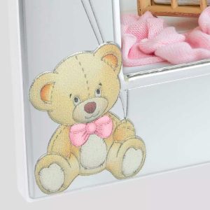 IRIS – hopeoitu italialainen vauvakehys, jossa nalle- ja ilmapallokoristeet ja 10x15 cm vauvakehys