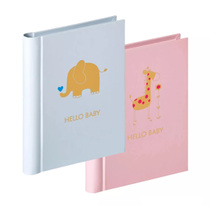 Spiraali mini lapsuus albumi 30 kuvalle Hello Baby sininen norsu ja pinkki kirahvi