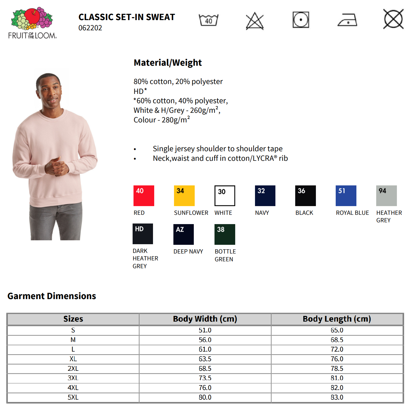 Fruit of the Loom Classic -collegepaita, personoitavissa omalla kuvalla tai tekstillä
