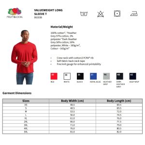 Pitkähihainen t-paita omalla kuvalla – Fruit of the Loom Valueweight eri väreissä